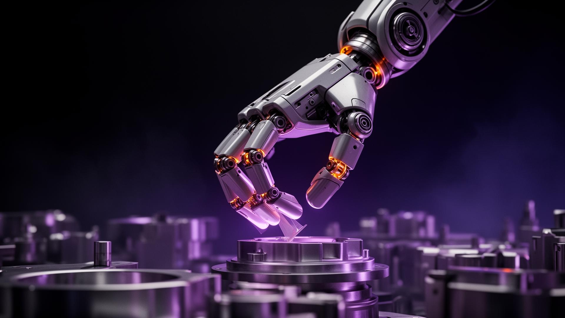 Humanoid robotic hand performing precise manipulation under violet rim lighting