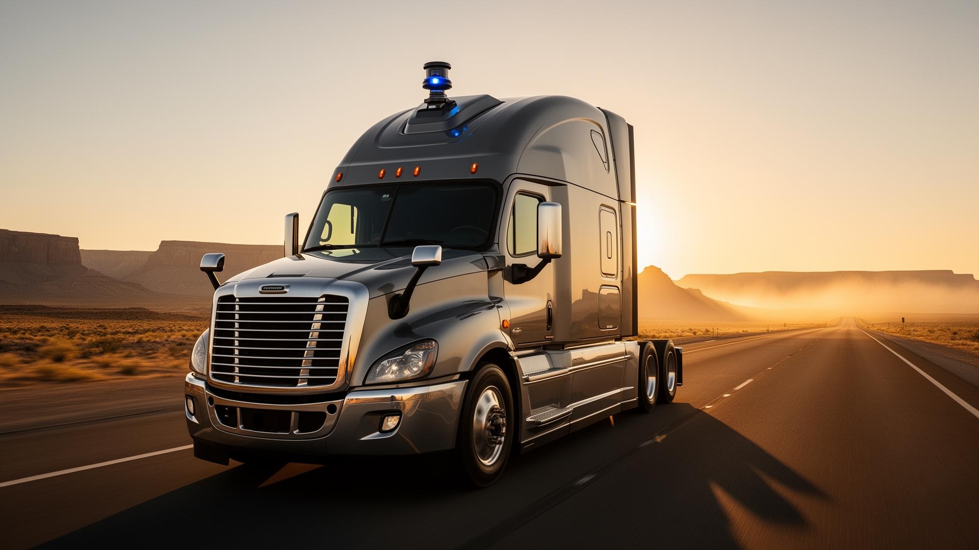 Autonomous Class-8 semi truck on a desert highway at golden hour with a lidar sensor pod on the cab roof