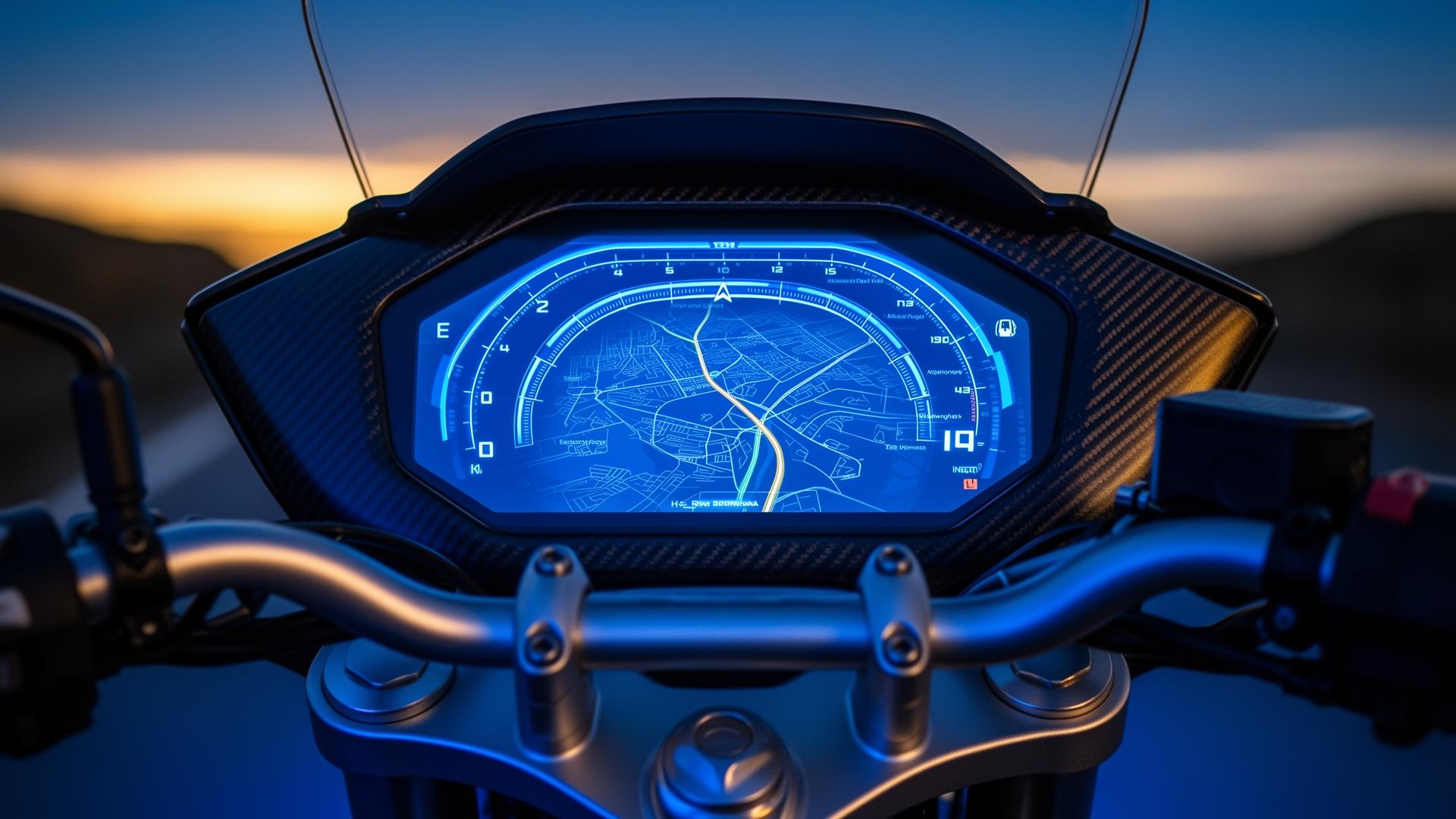 Rider's POV of a connected motorcycle TFT instrument cluster glowing cobalt blue at dusk