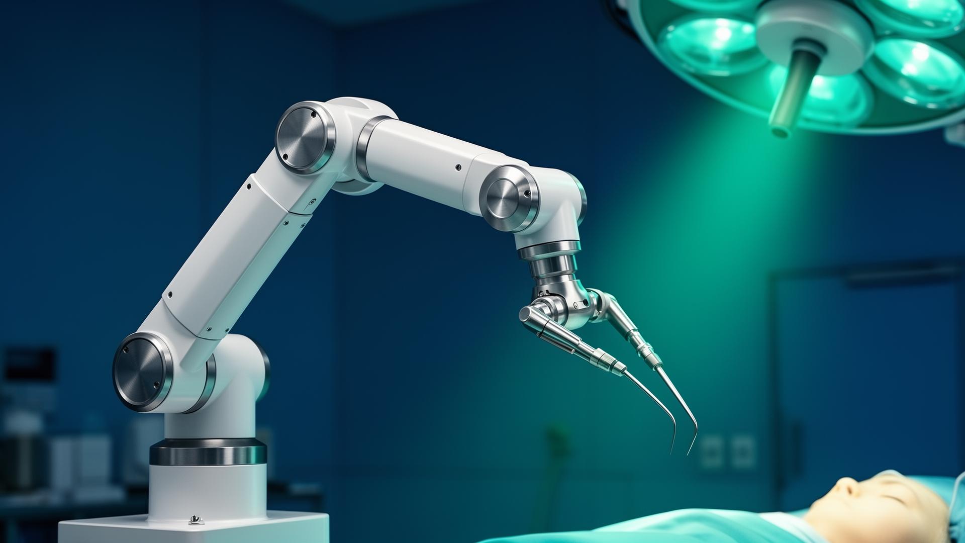 Robotic surgical arm in a sterile operating theatre under teal surgical lights