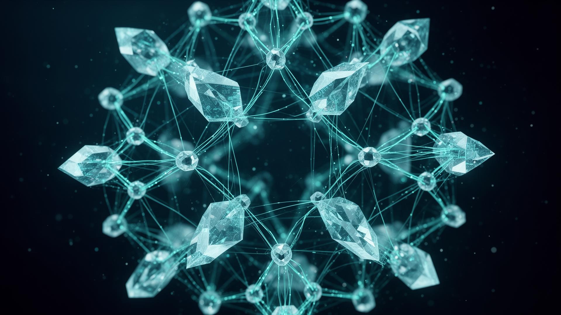 Crystalline lattice of interconnected nodes glowing teal-cyan, suggesting a multi-domain AI safety mesh