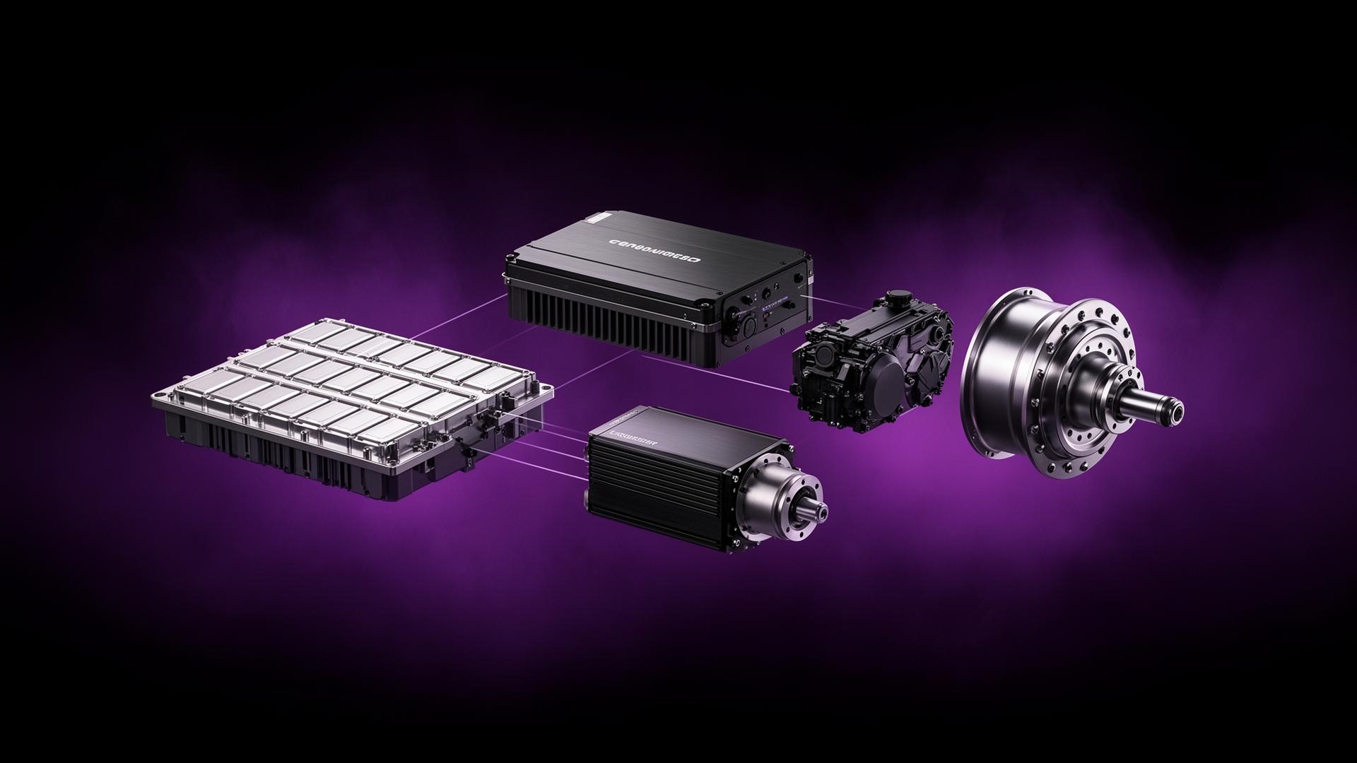 Exploded view of an electric motorcycle high-voltage powertrain — battery pack, inverter, and hub motor under violet studio lighting