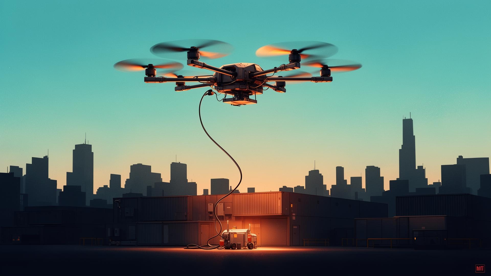 Tethered cargo drone hovering above an urban logistics hub at golden hour